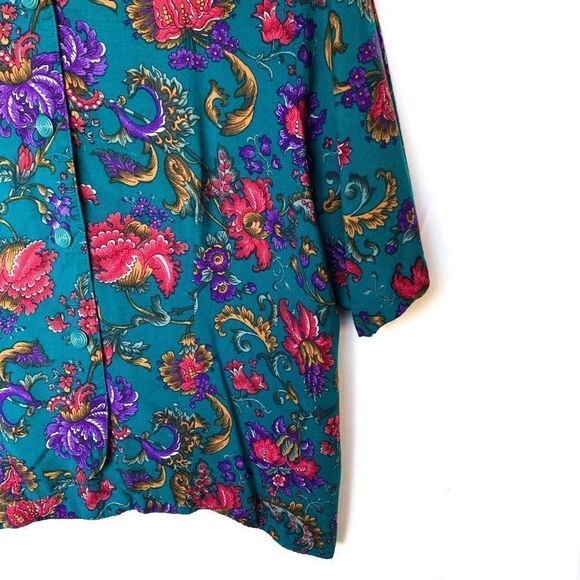 Vintage Alfred Dunner Teal Floral Damask Print Short Sleeve Shirt - Picture 2 of 9